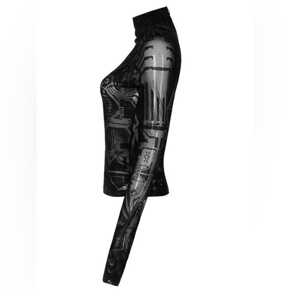 Punk Rave Cyberpunk Robot Goth Mesh Flock Top - Picture 3 of 15